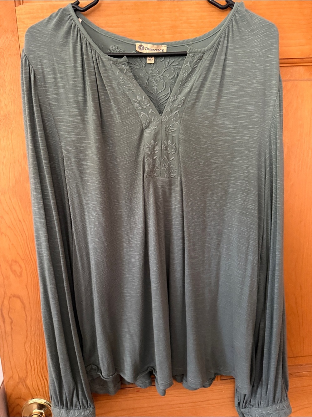 Democracy Olive Green Long Sleeve V-Neck Embroidered Top